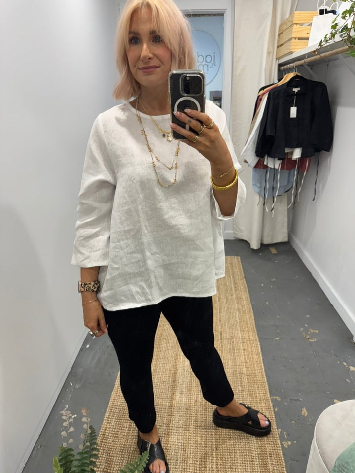 Linen Long Sleeve Top in White - Jade and May - Separates - Jade and May