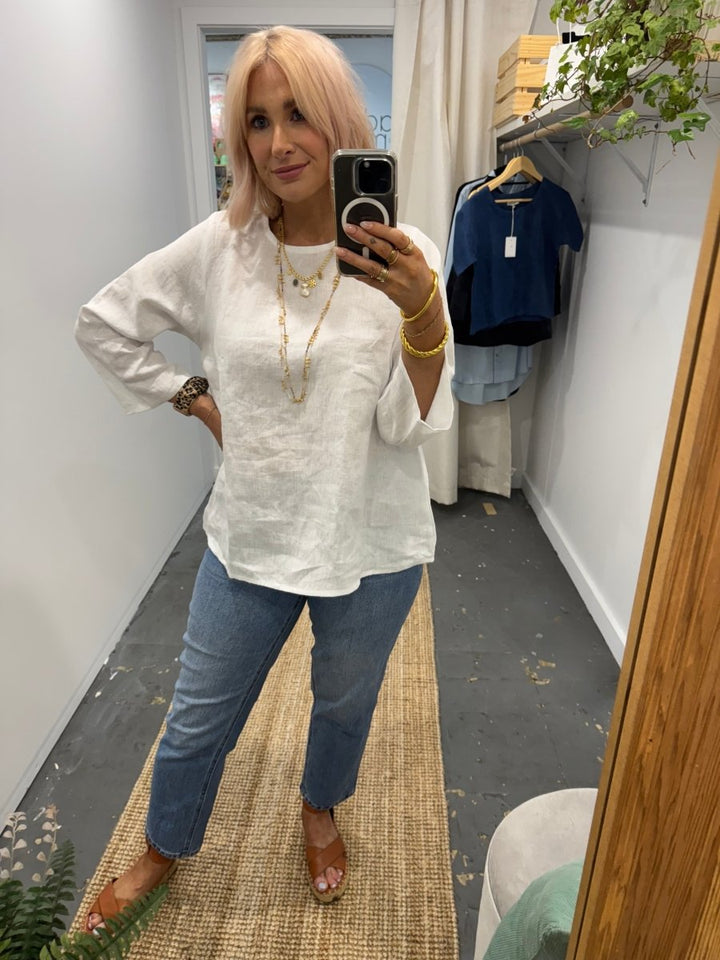 Linen Long Sleeve Top in White - Jade and May - Separates - Jade and May