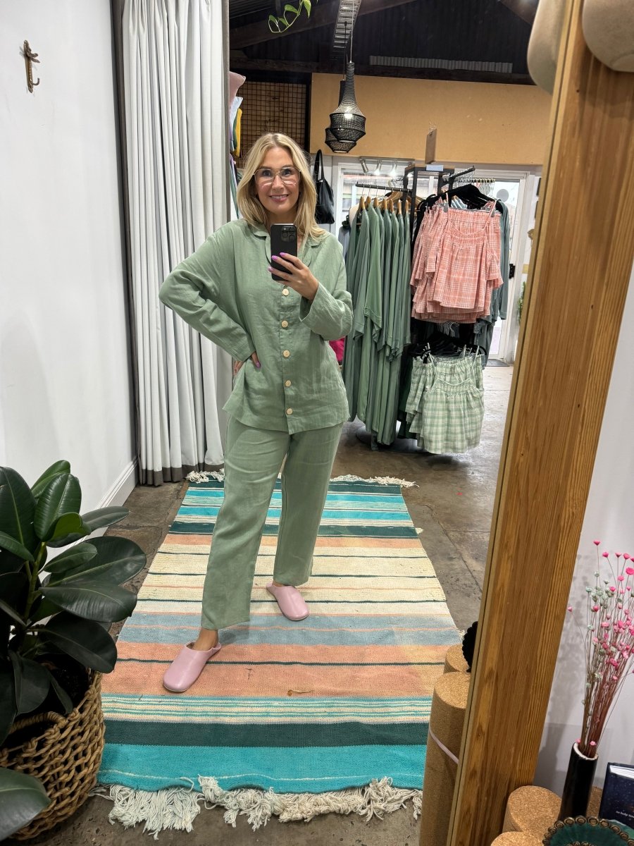 Linen Pyjama - Classic Set in Green - Jade and May - Pyjamas - Jade and May