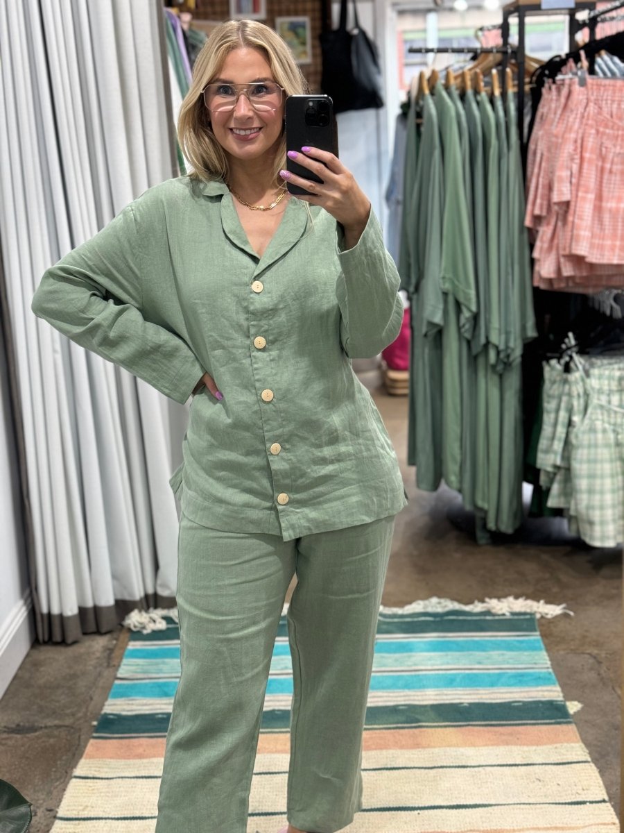 Linen Pyjama - Classic Set in Green - Jade and May - Pyjamas - Jade and May