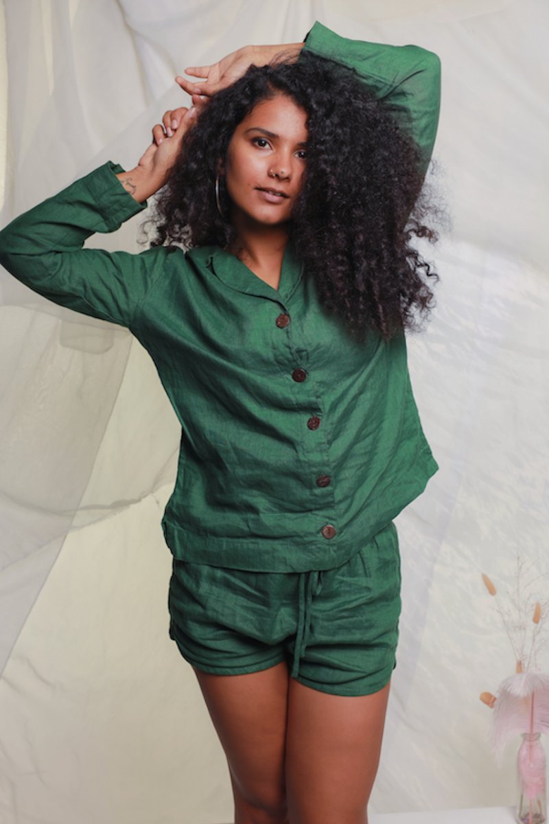 Linen Shirt & Short Set - Emerald Green - Jade and May - Pyjamas - Jade and May