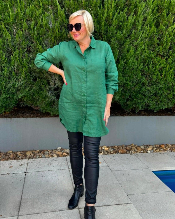 Long Linen Shirt - Forest Green - Jade and May - Shirt - Jade and May