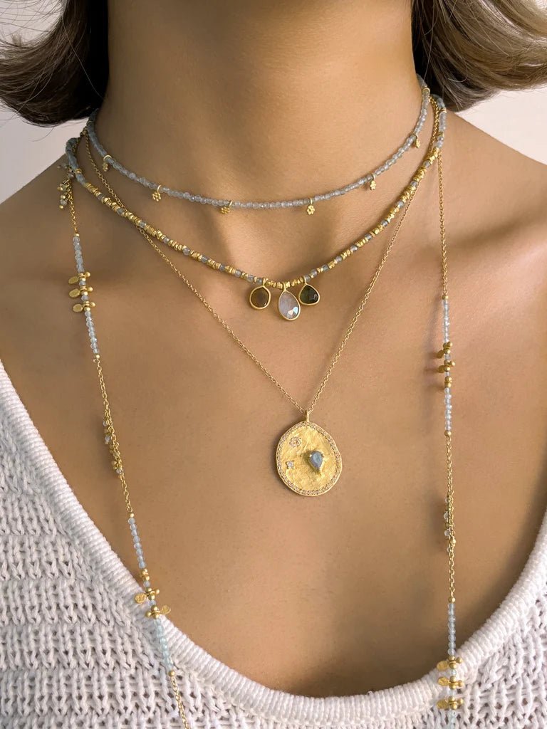 Rubyteva Designs - Long Aquamarine Gold Charm Necklace - RubyTeva Designs - Jewellery - Jade and May