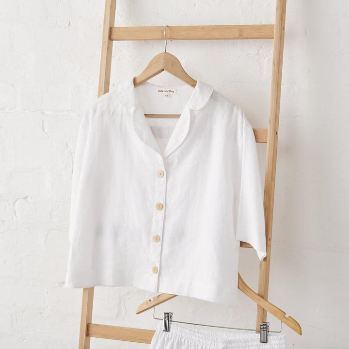 Linen Crop Button Up and Short PJ set  - White